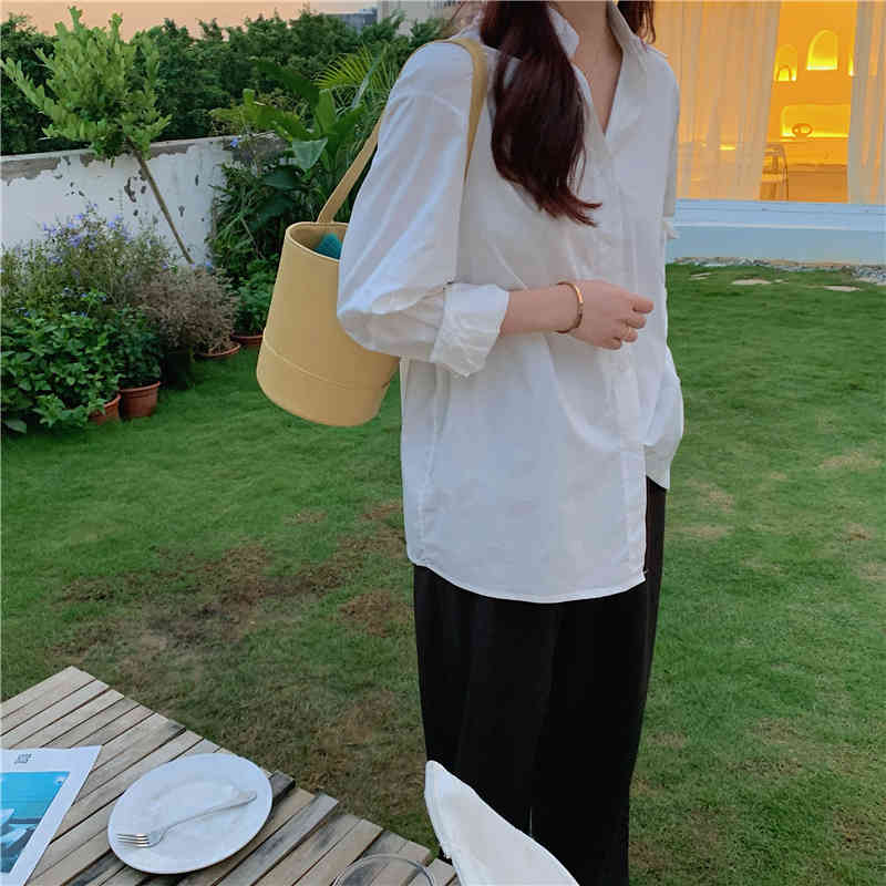 Fashion Work Wear Basic Shirt Women Tops Minimalist Casual Formal Shirts OL Solid Loose Full Sleeve Chic Blouses 210421