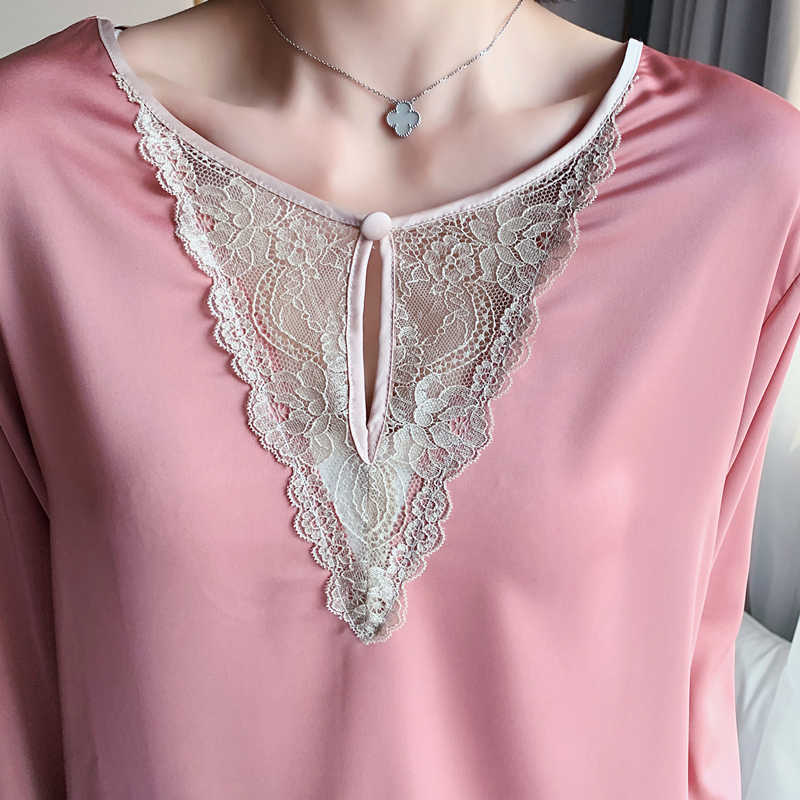 Daeyard Sexy Lace Trimmed Pajama Set For Women Spring Summer Long Sleeve Silk Pyjamas Soft Sleepwear Casual Homewear 2Pcs Pijama 210924