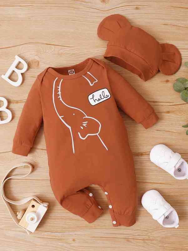 Baby Cartoon Elephant Print Jumpsuit & Hat SHE