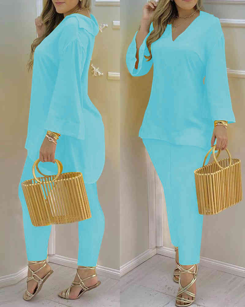 Spring Autumn Women 2Pcs Plain Bell Sleeve V-Neck Top & Pant Set Lady Casual Long Sleeve Solid Blouse & Trousers Suit Set 210415