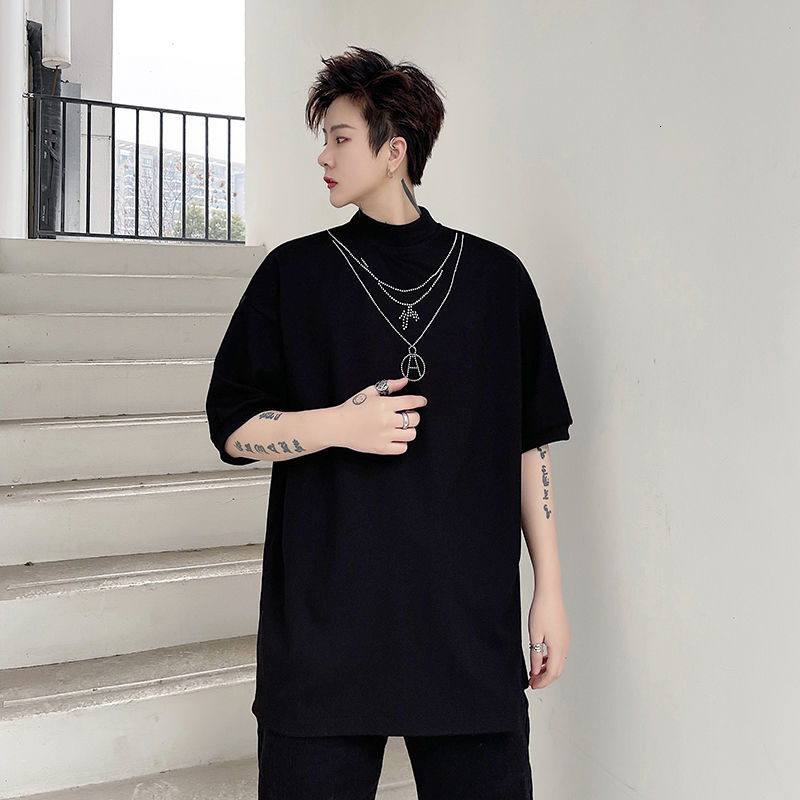 IEFB Summer Short Sleeve Drill Black T-shirt For Men Small Round Collar Causal White Tee Tops Loose Streetwear 9Y6689 210524