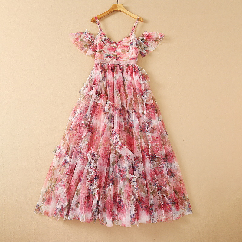 European and American women' wear for summer 2021 The horn sleeve Dew shoulder Fashion mesh print pleated dress, Pink
European and American women' wear for summer 2021 The horn sleeve Dew shoulder Fashion mesh print pleated dress, Pink