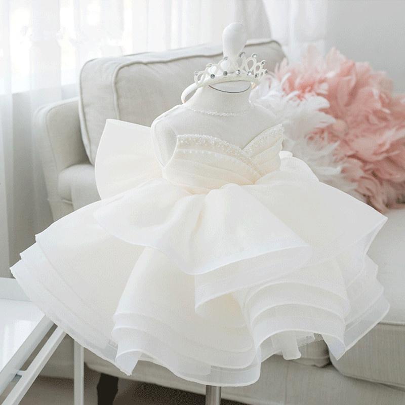 

2021 Vintage Flower Girls Dresses Ivory Baby Infant Toddler Baptism Clothes Lace Tutu Ball Gowns Birthday Party Dress, Champagne