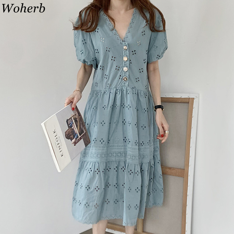 V-neck Woman Summer Maxi Long Dress Lace Hollow Out Puff Sleeve Sexy Robe Loose Ladies Dresses Vintage Korean Vestidos 210519