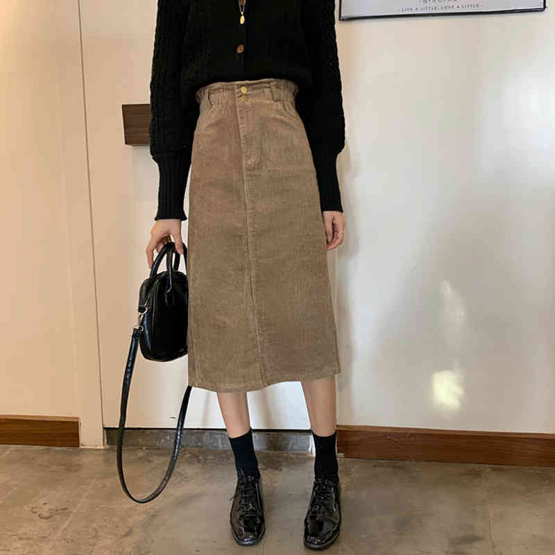 High Waist Midi Corduroy Side Slit Skirt Women A-line Loose Streetwear Skirts Female Pockets Denim Skirts Autumn Winter 210408