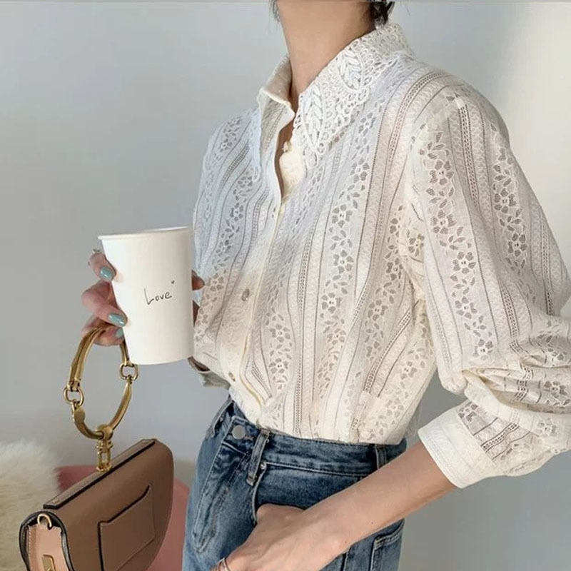 Korean Chic Vintage Lace Blouse Women Elegant Shirts Turn Down Collar Hollow Out Tops Long Sleeve Button Up Casual Clothes 12722 210506