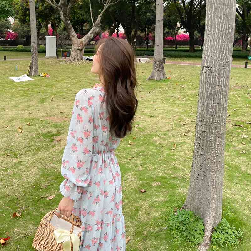 Women's Chiffon Dress Female Vintage Floral Printed Long Sleeve Spring Autumn V-Neck High Waist Slim Midi Dress Vestidos 210518