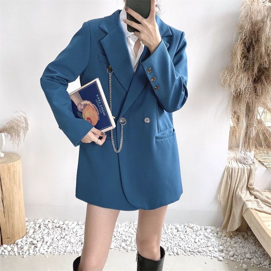 OL Notched Vintage Solid Double Breasted Blazer Coat Autumn Formal Chain Decoration Women Blazers Suit Jacket 210421
