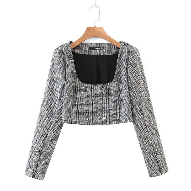 Spring Vintage Office Ladies Double-breasted Plaid Short Suit Jacket Cropped Tops + High Waist Mini Skirts Women 210514