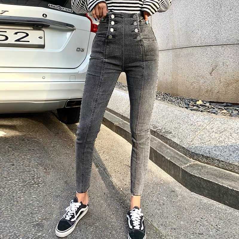 Dark grey design double breasted street fashion high waist elastic jeans medium size slim Leggings cropped pant 210604
Dark grey design double breasted street fashion high waist elastic jeans medium size slim Leggings cropped pant 210604