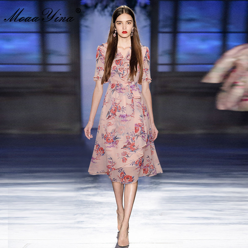 Fashion Runway Summer Holiday Dress Women's V-neck Ruffles Floral print Chiffon Vintage Midi 210524