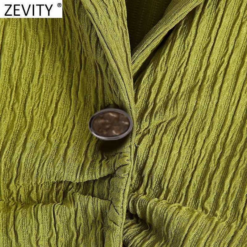Zevity Women Vintage Pleated Green Blouse Lady Long Sleeve Chic Slim Shirt Femininas Turn Down Collar Casual Blusas Tops LS9216 210603