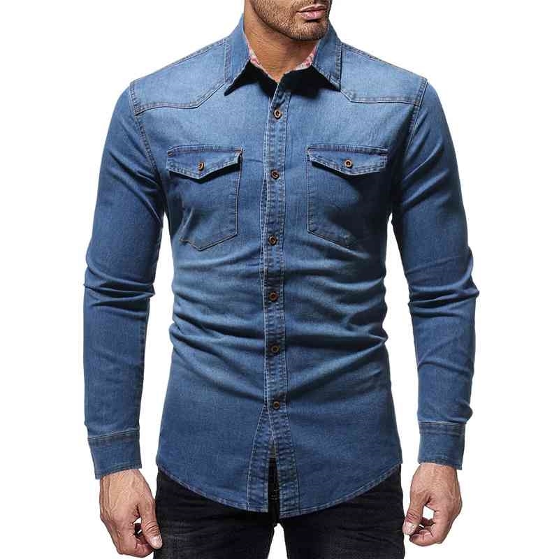 TANG Black Denim Shirt Men Casual Fit Slim Long Sleeve Shirts Autumn Cotton Jeans Dress Shirt Mens Clothing Plue Size 210410