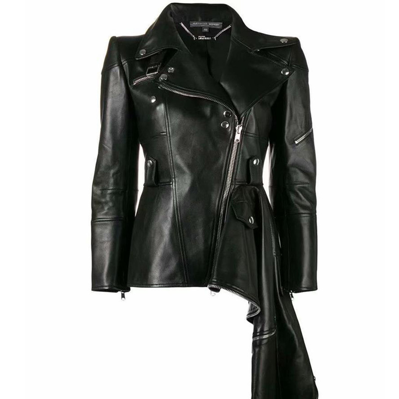 Elegant women's autumn irregular locomotive pu leather short jacket long sleeve black color female jacket 210507