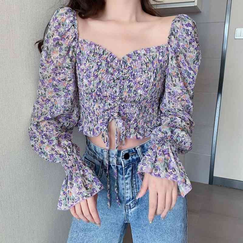 Summer Chiffon Floral Blouse Female Cropped Top Square Collar Korean Style Lantern Sleeves Flower 210510