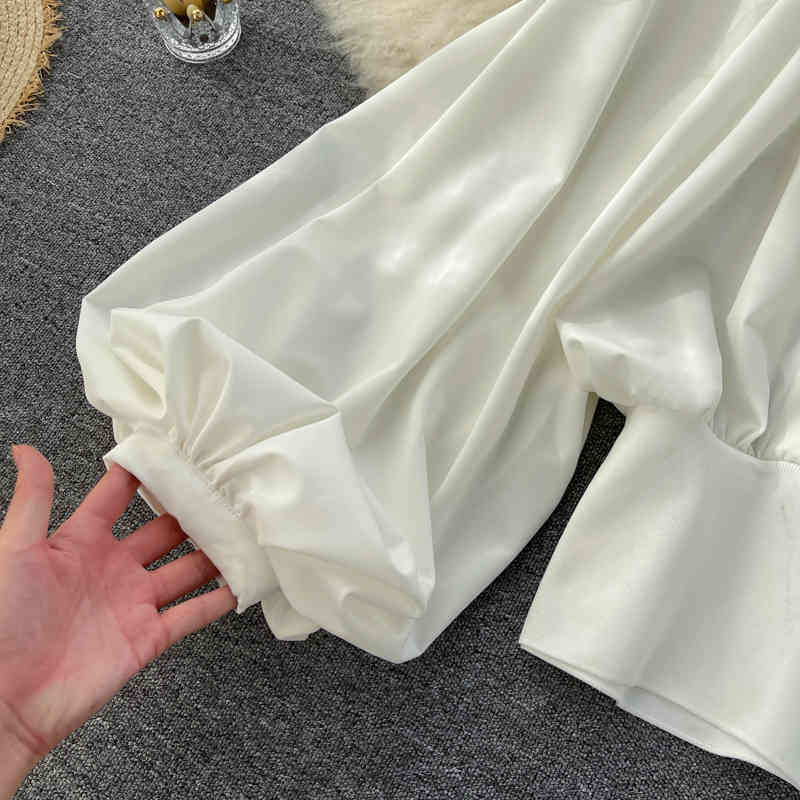 Nomikuma Women Blouses Korean Lantern Sleeve Turn-down Collar Shirt Causal Slim Waist Elegant Blusas Mujer De Moda 6G156 210427