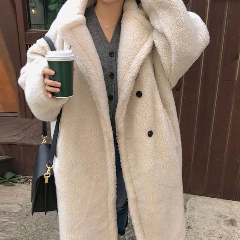 Winter Women Solid Lamb Fur Coat Long Sleeve Casual Fleece Jacket Turn Down Collar Teddy Outerwear 210515