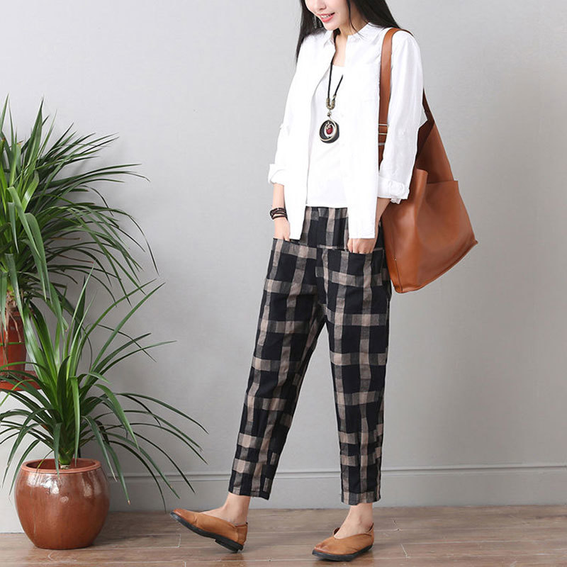 Spring Summer Fashion Women Harem Pants Elastic Waist Loose Casual Plaid Cotton Ankle-length Ladies Trousers D60 210512