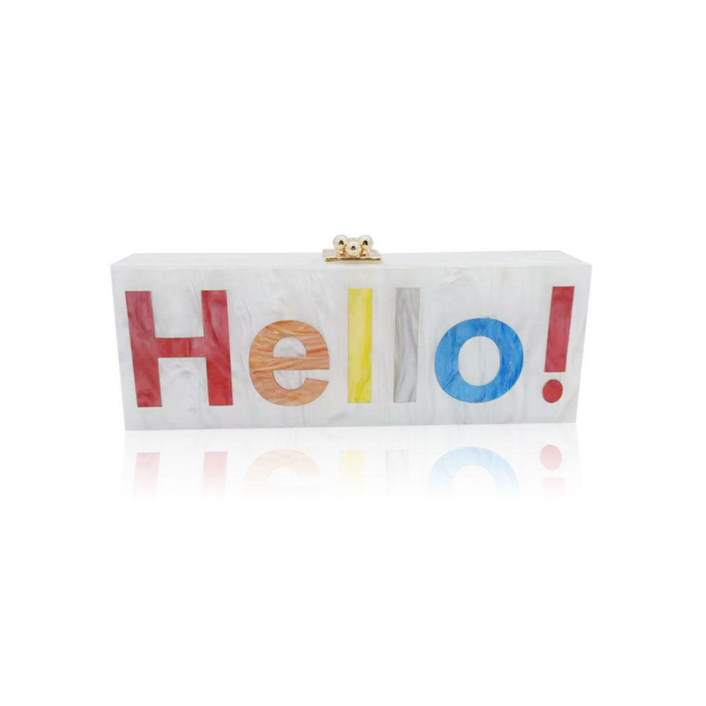 Dinner grab bag shoulder cross party collision color Hello letter acrylic hand splicing, The picture color
Dinner grab bag shoulder cross party collision color Hello letter acrylic hand splicing, The picture color