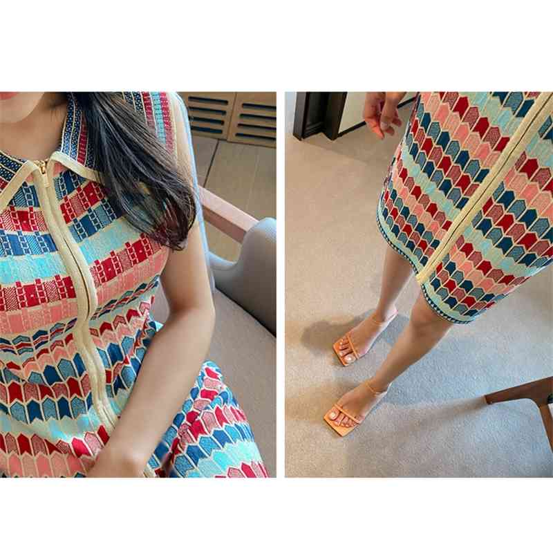 Vintage Summer Fashion Plaid Knitted Dress Women Sleeveless Lapel Collar Casual Zipper Slim Mini Female Vestidos 210519