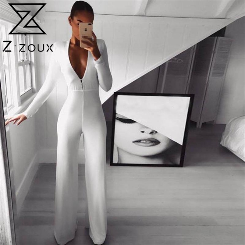Women Jumpsuit V-neck White Rompers Womens Plus Size Vintage Jump Suits Long Sleeve Fashion Sexy 210513