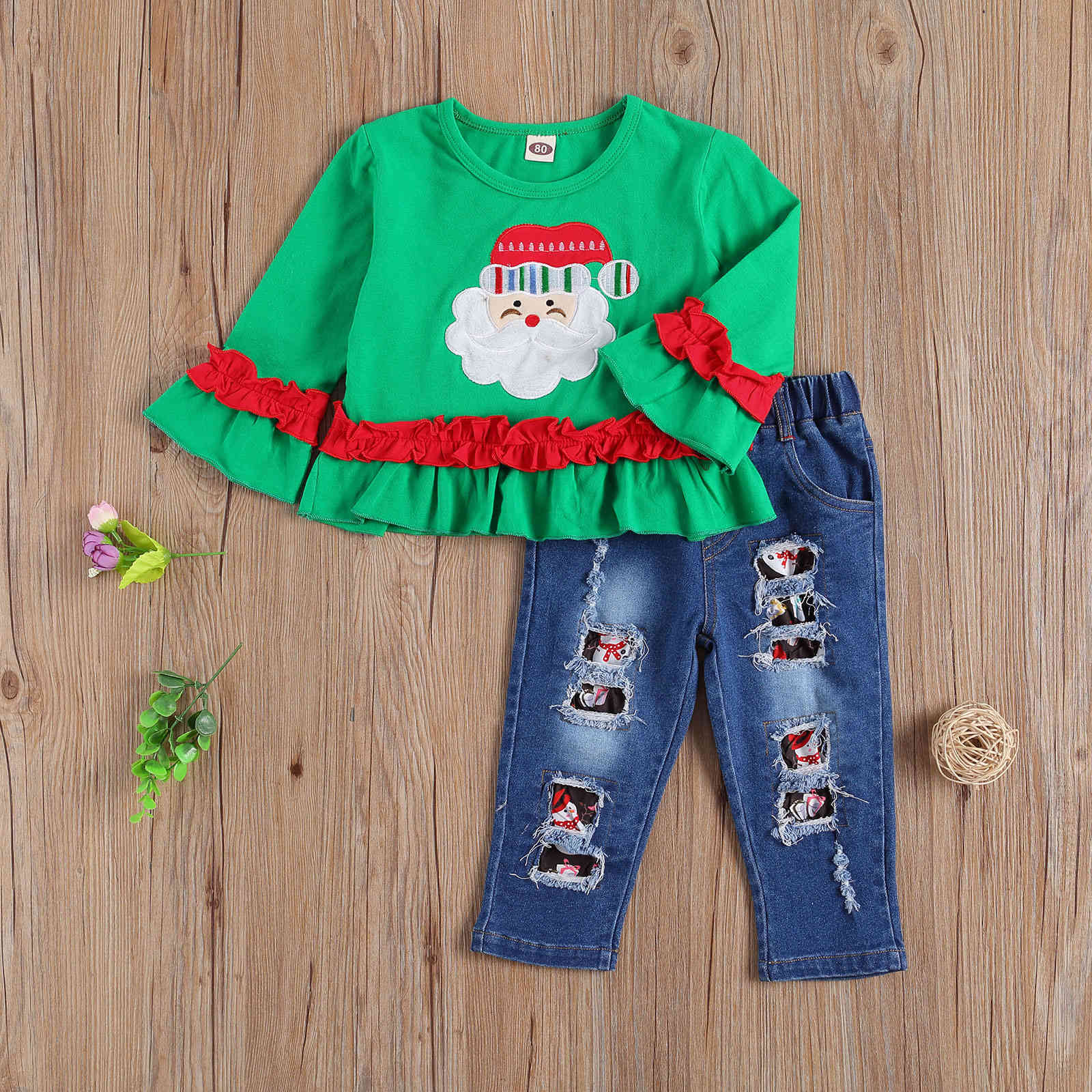 1-6Y Christmas Toddler Kid Girls Clothing Set Green Long Sleeve Santa Tops Denim Pants Outfits Xmas Child 210515