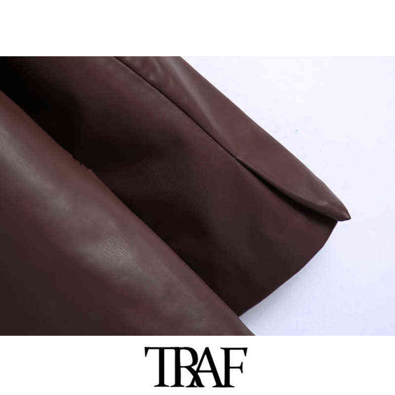 TRAF Women Fashion Faux Leather Blazer Coat Vintage Long Sleeve Welt Pockets Female Outerwear Chic Veste Femme 211116