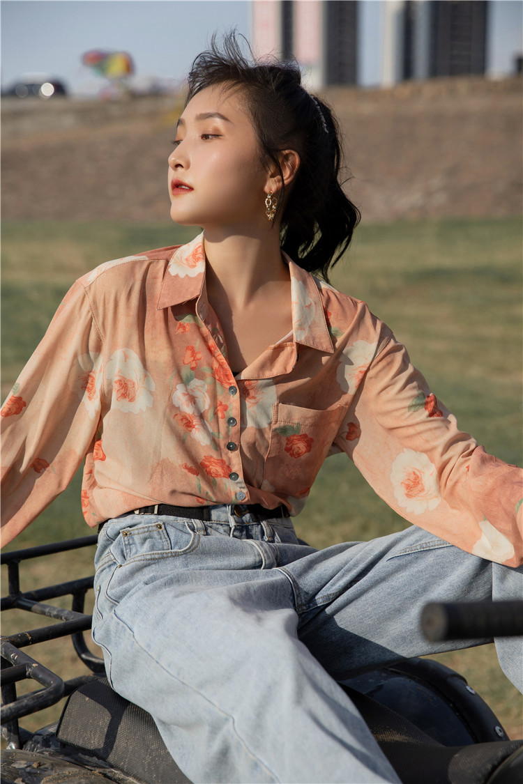 Tie Dye Floral Long Sleeve Top And Blouse Rose Print Orange Button Up Shirt Korean Fashion Fall Women Clothing 210427