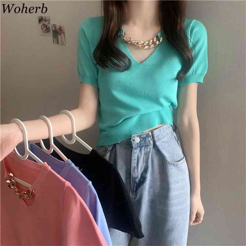 Knitted T-shirt Women Summer Short Sleeve V-neck Chain Patch Tops Solid Slim Korean Sweet Jumpers Femme T Shirts 210519, Green
Knitted T-shirt Women Summer Short Sleeve V-neck Chain Patch Tops Solid Slim Korean Sweet Jumpers Femme T Shirts 210519, Green