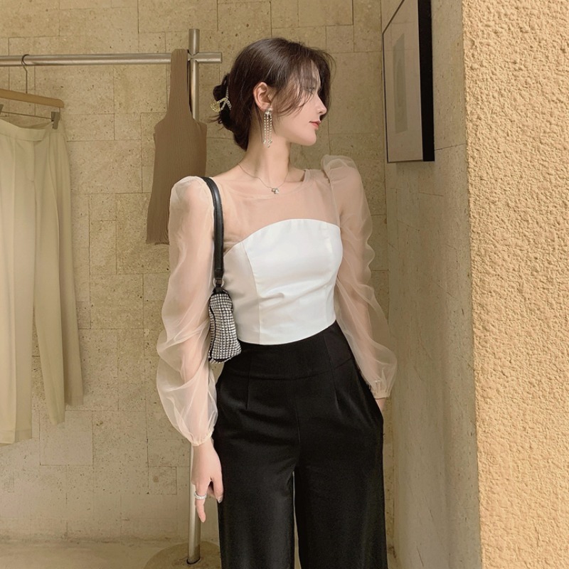 Nomikuma Sexy Slim Short Women Blouse Back Bowknot Hollow-out Blusas Femme New Perspective Mesh Patchwork Shirt 6C429 210427