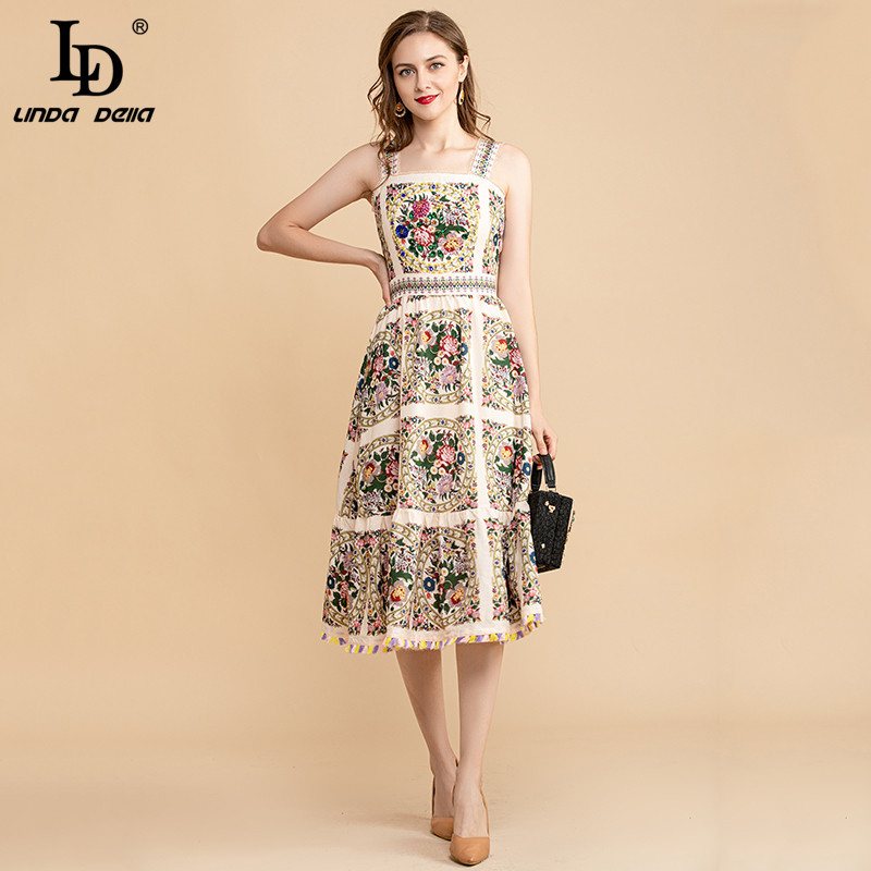 Summer Fashion Runway Vintage Dress WomenSpaghetti Strap Beautiful Floral Print Beading Midi Party Elegant 210522