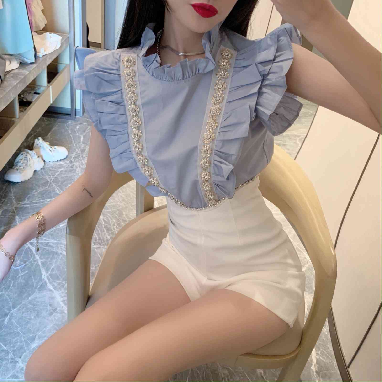 Arrival Women 2 Piece Set Summer Sleeveless Beaded Ruffles Trim Solid Tops and High Waist Shorts Suits 210518