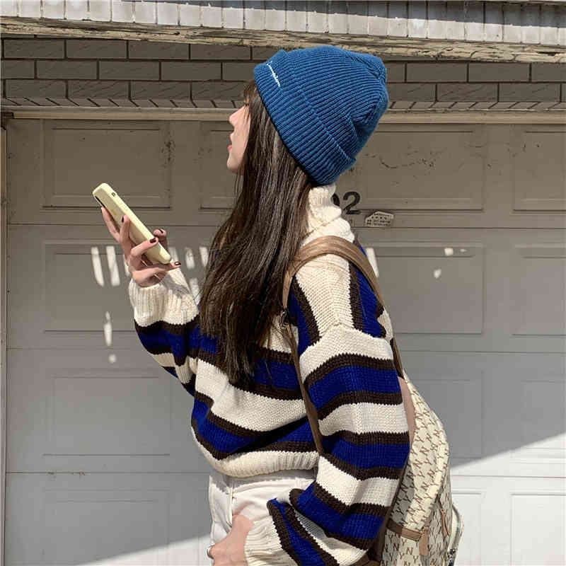 2Colors Autumn Winter Women Turtleneck Pullovers And Sweaters Korean style stripe thick Warm Female knitted Sweater (C8673) 210423