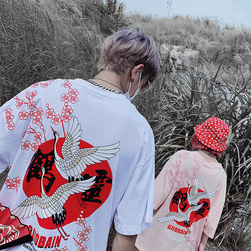 2019 Summer High Quality Crane Sakura Flower Print Short Sleeve Shirt Couple Casual Oversized Cotton Harajuku T-Shirt Tee Male X0628