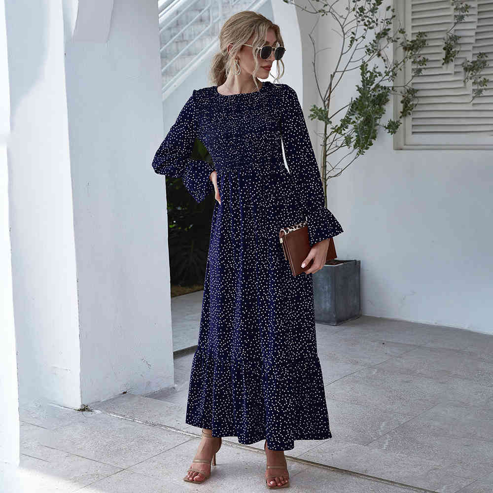 Long Dress Autumn Winter Dots Flroal Print Ruffle Black Clothes Elegant Ladies Flower Long Sleeve Maxi Dresses For Women 210409