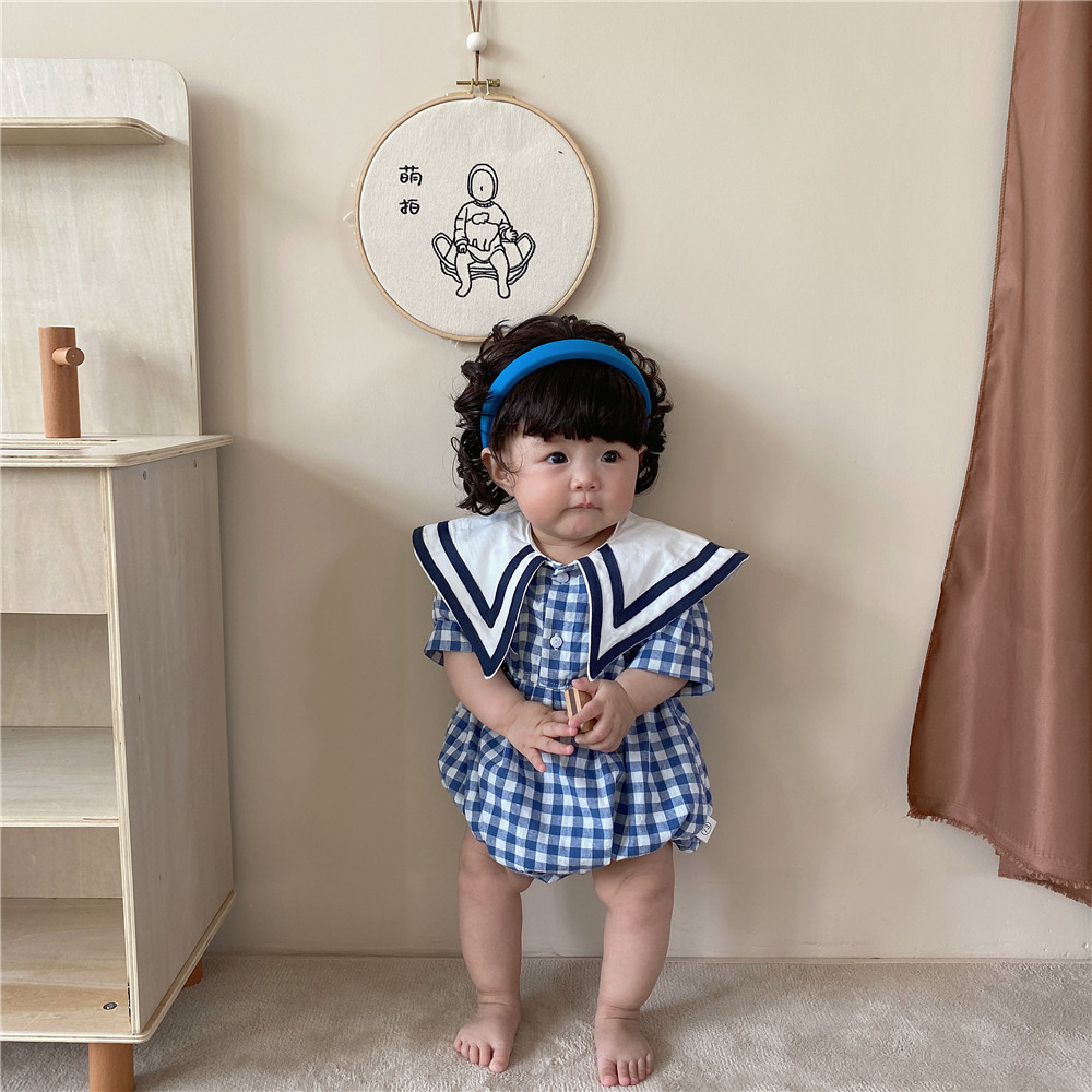 Summer baby girls Bodysuit with large collar and short sleeves cloths plaid girl outfit 210515