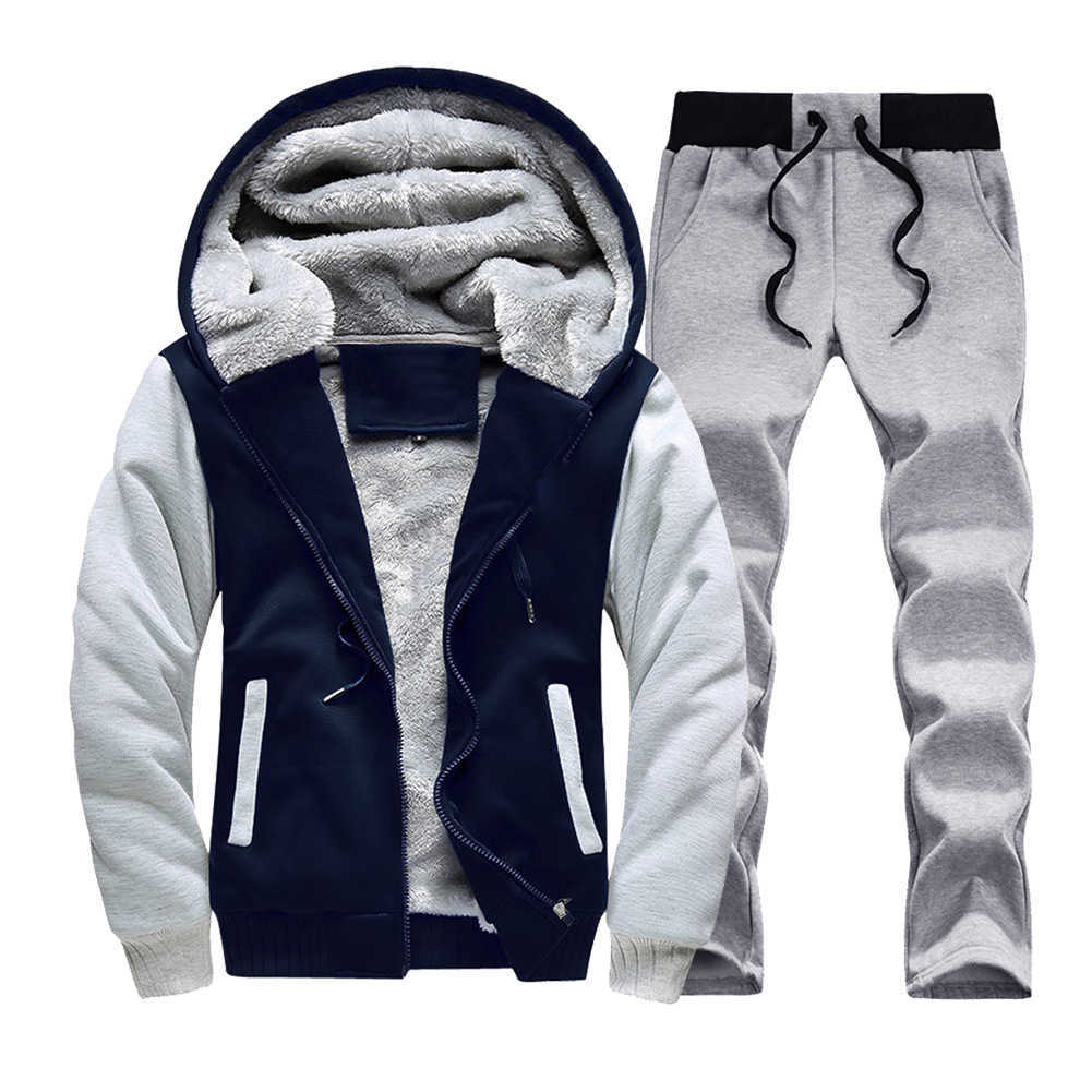 Winter Men Set Thick Warm Mens Jacket Hoodies2PC Pants Suit Man Hooded Sportswear Fleece Patchwork Sweatshirt Zipper SportsSuit 210603