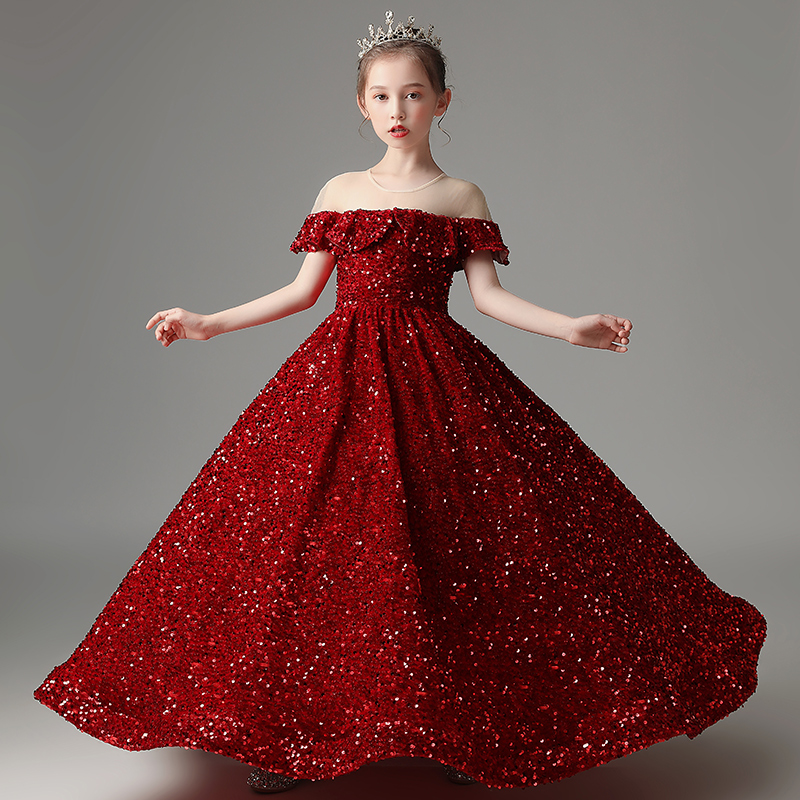 Eye Catching Burgundy Spakling Sequins Flower's Dresses Sheer Neckline Floor Length Ball Gown Girl's Party Dress