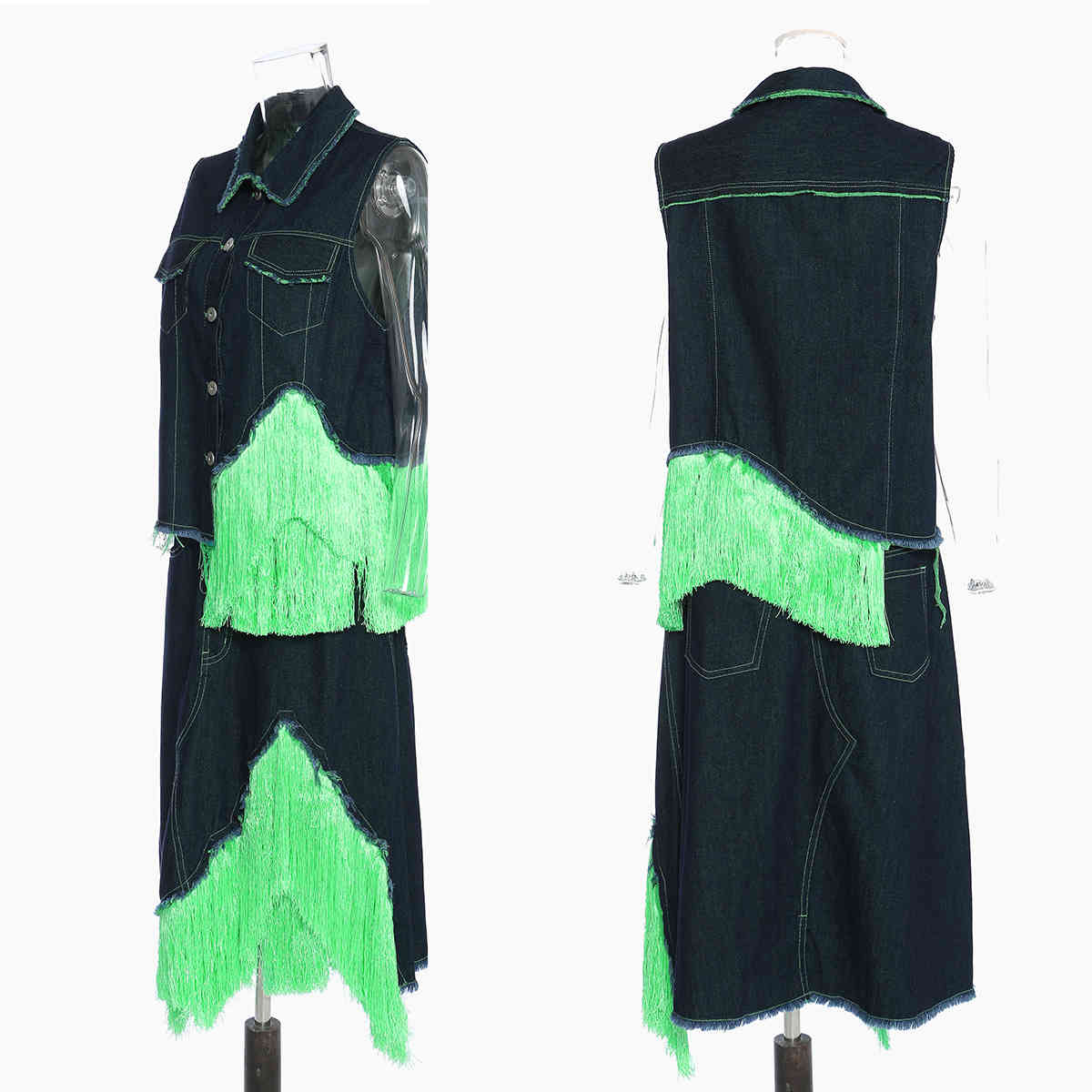 DEAT New Spring Summer Fashion Casual Sleeveless Single Breasted Slim Green Tassel Vest Skirt Denim Two Piece Set SJ942 210428