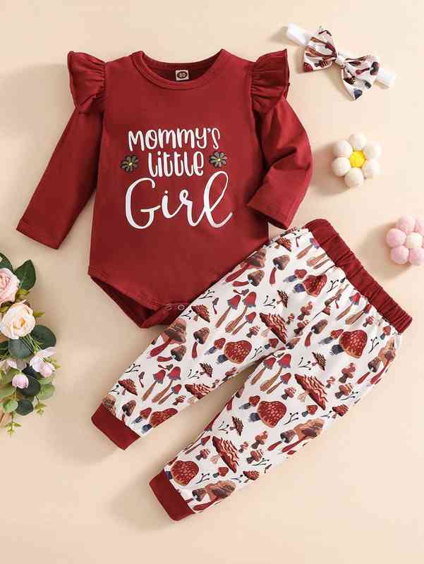 Baby Slogan Graphic Bodysuit & Mushroom Print Sweatpants With Headband SHE