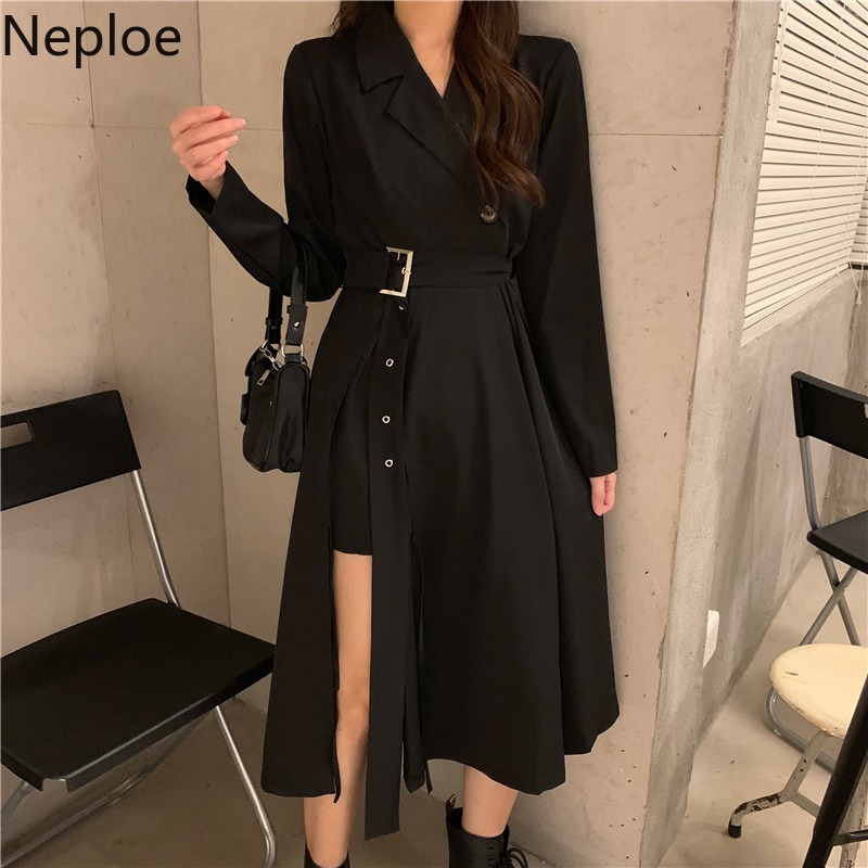 Neploe Maxi Dresses for Women Fashion Black Korean Dress Side Split High Wasit Slim Fit Robe Summer Temperament Vestido De Mujer 210422
