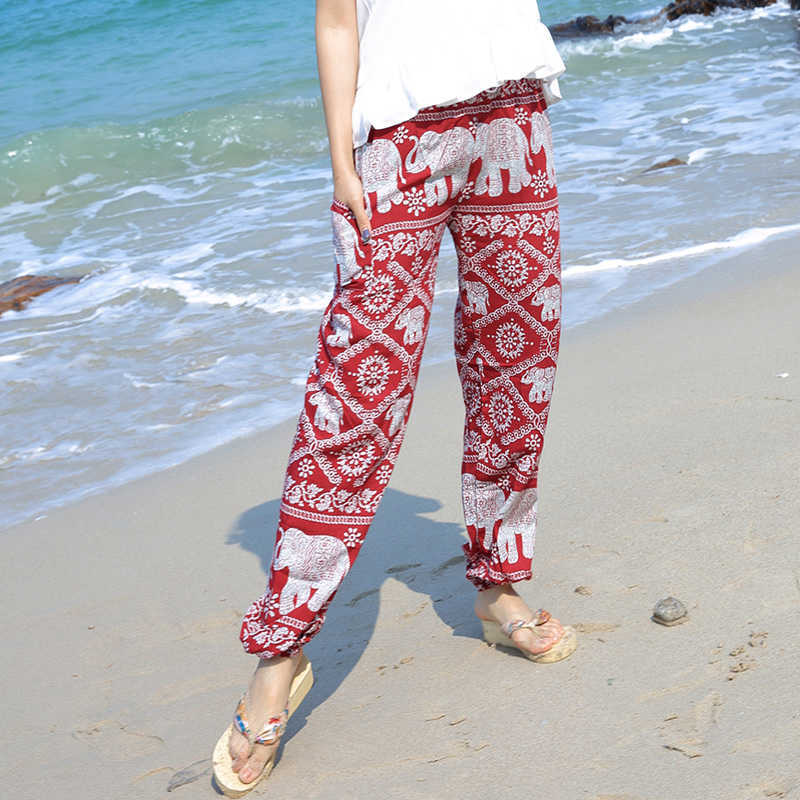 Summer selling Boho printed cotton trousers loose pants elephant printing elastic hem waist with pockets wholesale 211115