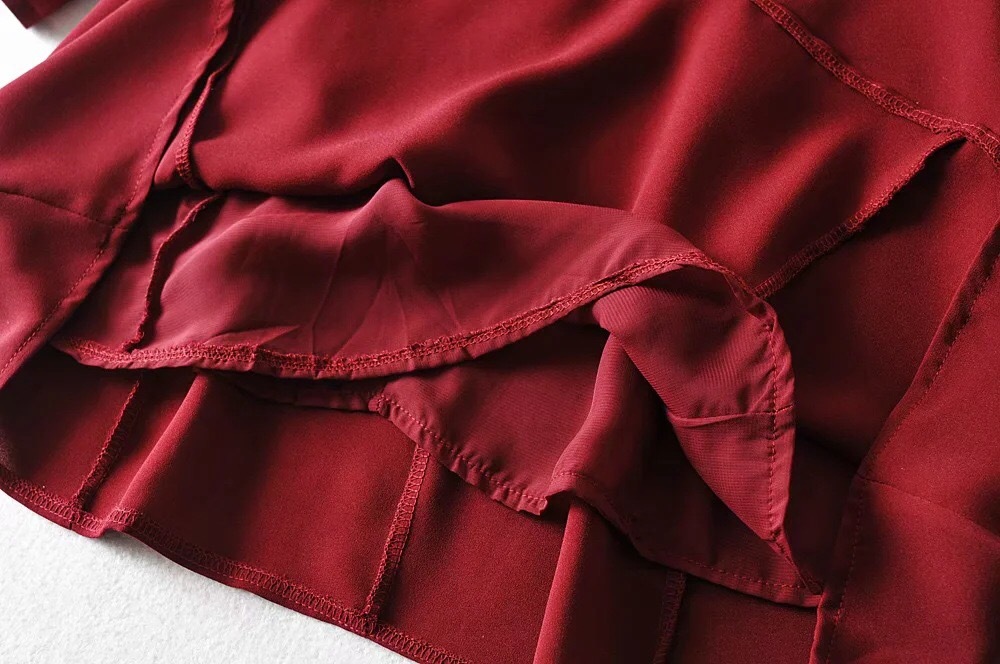 Vintage France Style Solid Color Hollow Out Women Dress Wine Red Long sleeve Lacing up Collar Slim Girl's Mini Dresses 210429