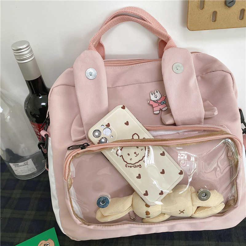 Bunny Ita Bag Backpack Cute Rabbit Ears Shoulder Kawaii Girls Pink with PVC Transprent Pocket Clear Itabag H219 211009
