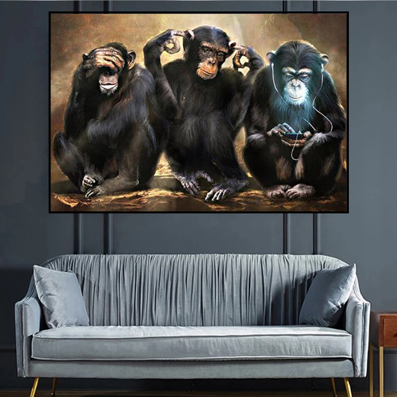 Animal Wall Art Painting Posters and Prints of Three Funny Monkeys Art Pictures Print Canvas for Living Room Home Decoration