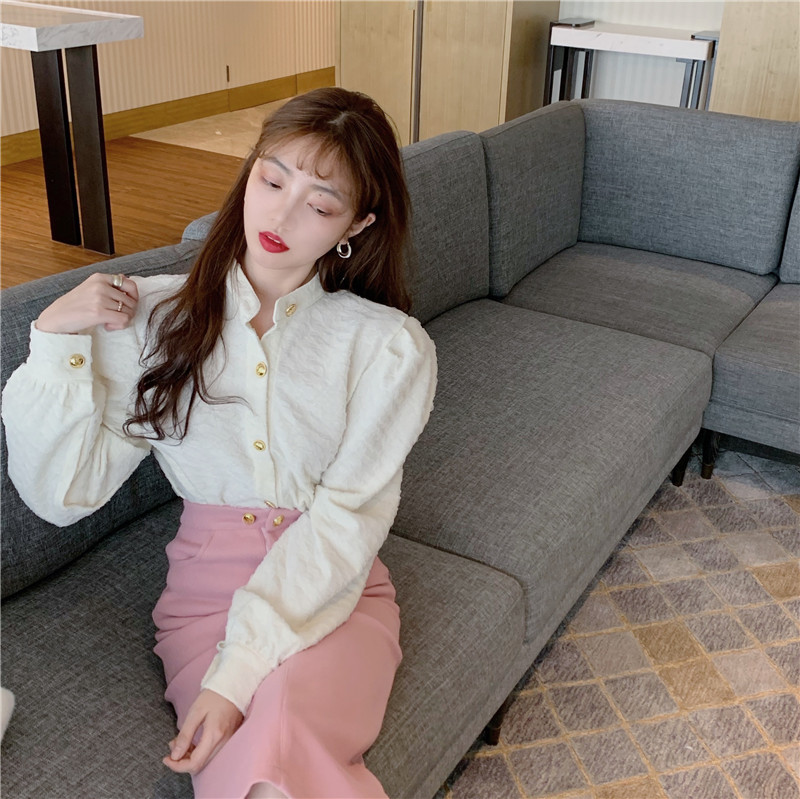 Nomikuma Women Blouse Causal Puff Sleeve Stand Neck Shirt Korean Single Breasted Blusas Femme Spring New Tops 6D976 210427