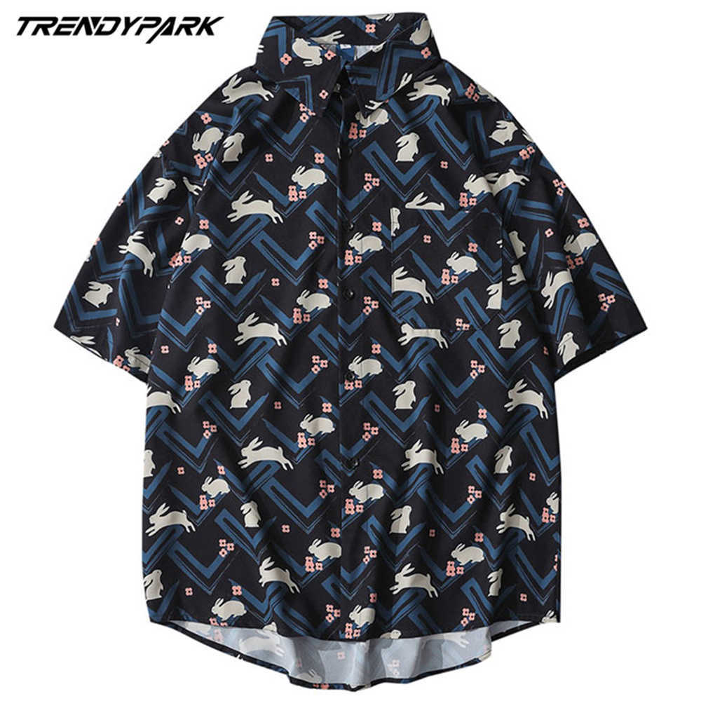 Mens Summer Vintage Rabbits Print Fashion Shirts Casual Short Sleeve Beach Tops Black Loose Casual Unique Charm Shirt Tops 210601