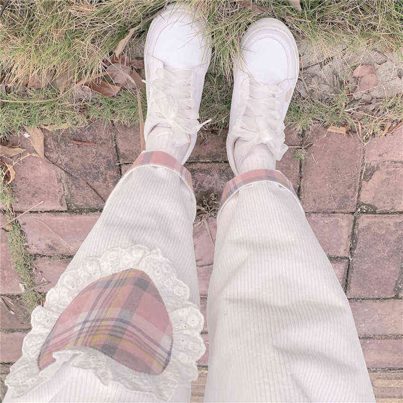 Japanese Harajuku Wild Cute Soft sister Casual Corduroy Kawaii Straight Pants Teen Girls Love Heart Patch Loose Students 211124