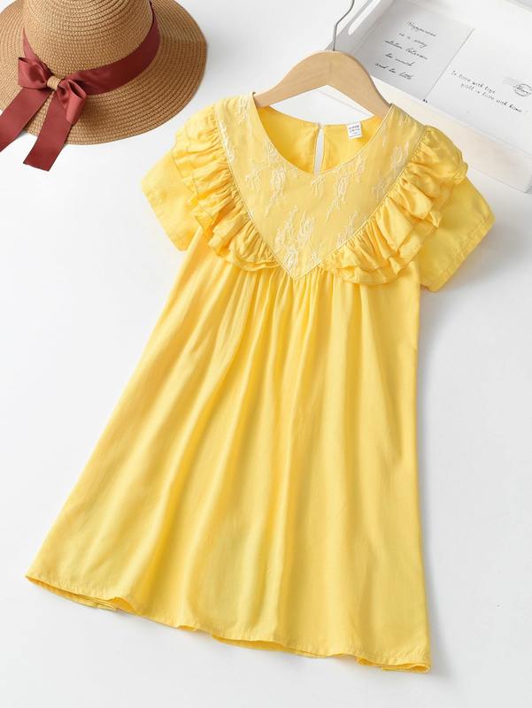 Girls Ruffle Trim Lace Panel Dress SHE