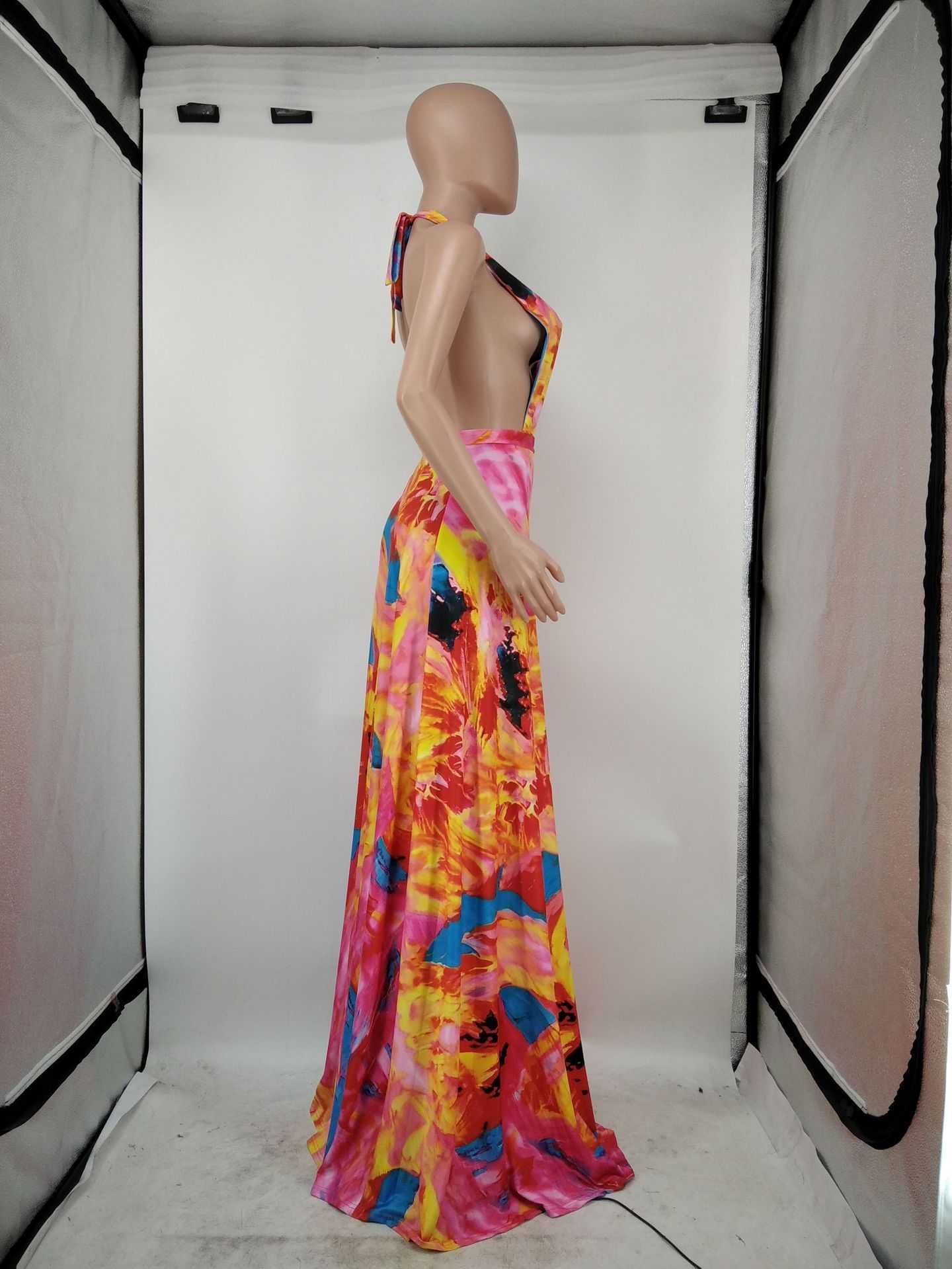 Women Printed Plunge V-neck Sleeveless Slit Belt Maxi Dress 210702